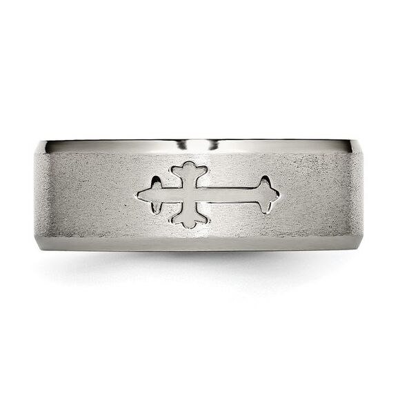 Kazi Luxury Chisel Titanium Brushed Center Cross Design 8mm Beveled Edge Band - Picture 4 of 9